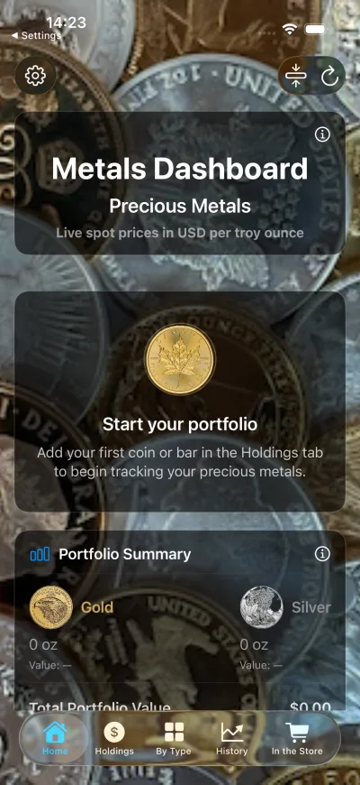 Precious Metals app dashboard showing live gold and silver spot prices and total portfolio value