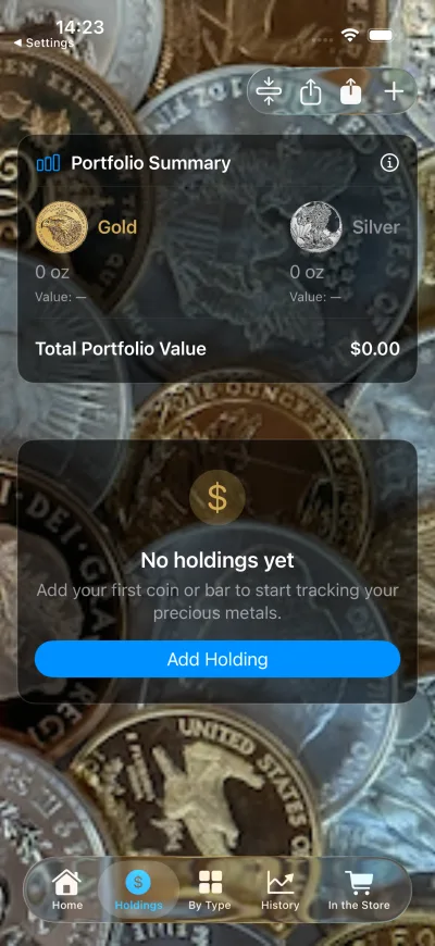 Holdings screen for adding and tracking individual gold and silver coins or bars