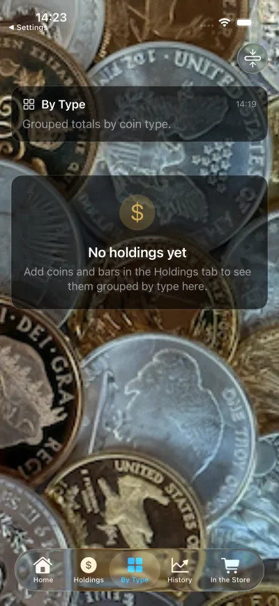 Holdings grouped by coin type, showing totals for each precious metal category
