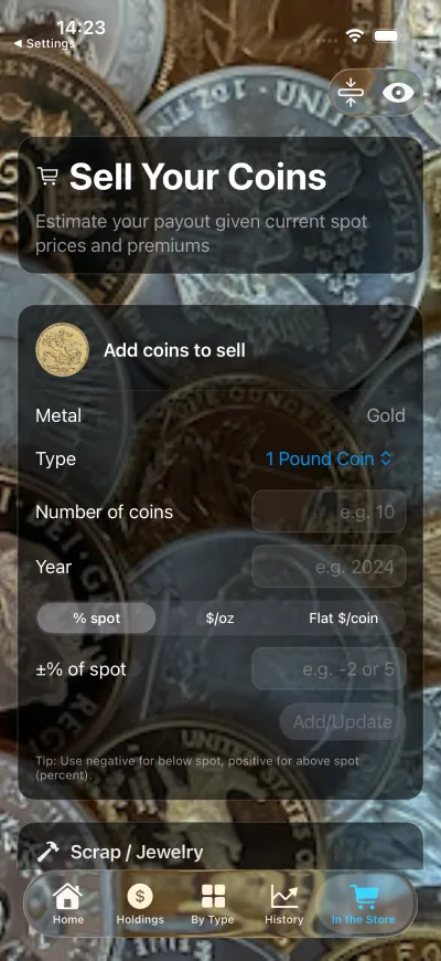 Sell calculator estimating a coin's payout at current spot price and premium while shopping