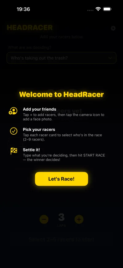 HeadRacer welcome and setup screen