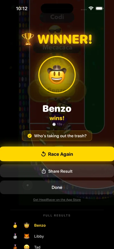 HeadRacer winner screen with share button
