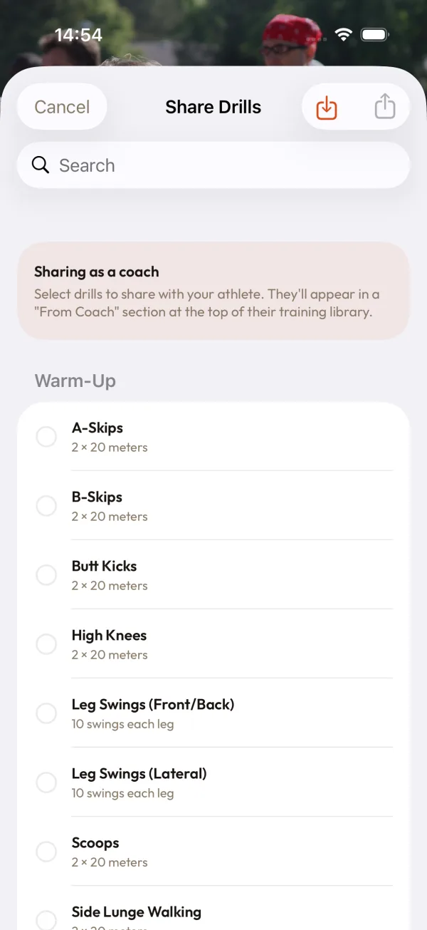 Run Foundations — Coach drill sharing picker